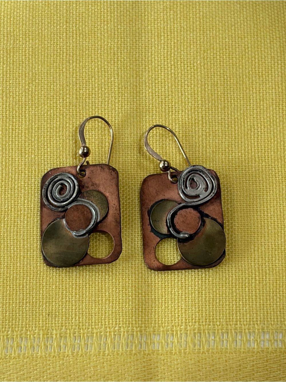 Vintage 1970s Brutalist Mixed Metal Copper Geometric Dangle Earrings MCM